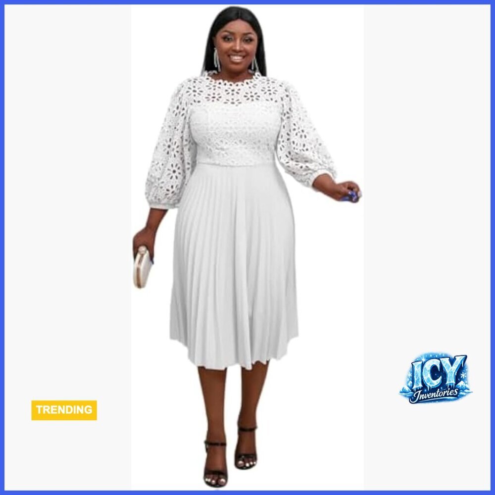 Lace Hollow Out A-line Midi Dress with Lantern Sleeves